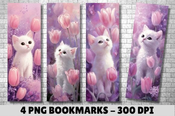 White Kitten Pink Tulips Art Bookmark: A Versatile Digital Design for Creative and Professional Use